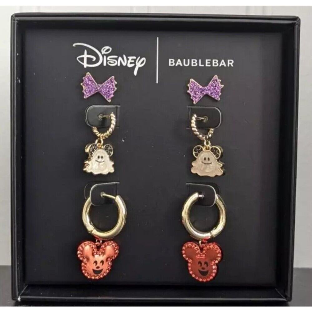 Disney Baublebar 3 Pair Halloween Earrings Mickey Pumpkin Ghost and Web Bow New